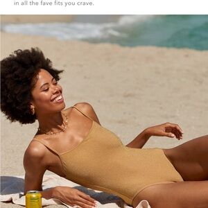 AERIE LARGE LONG FULL COVERAGE SPARKLE Gold One-Piece Swimsuit NWT!